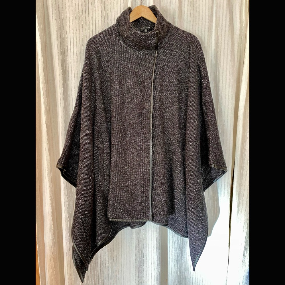 Eileen Fisher | Brown Cotton Wool Tweed Leather Trim Cape Poncho Coat M\L